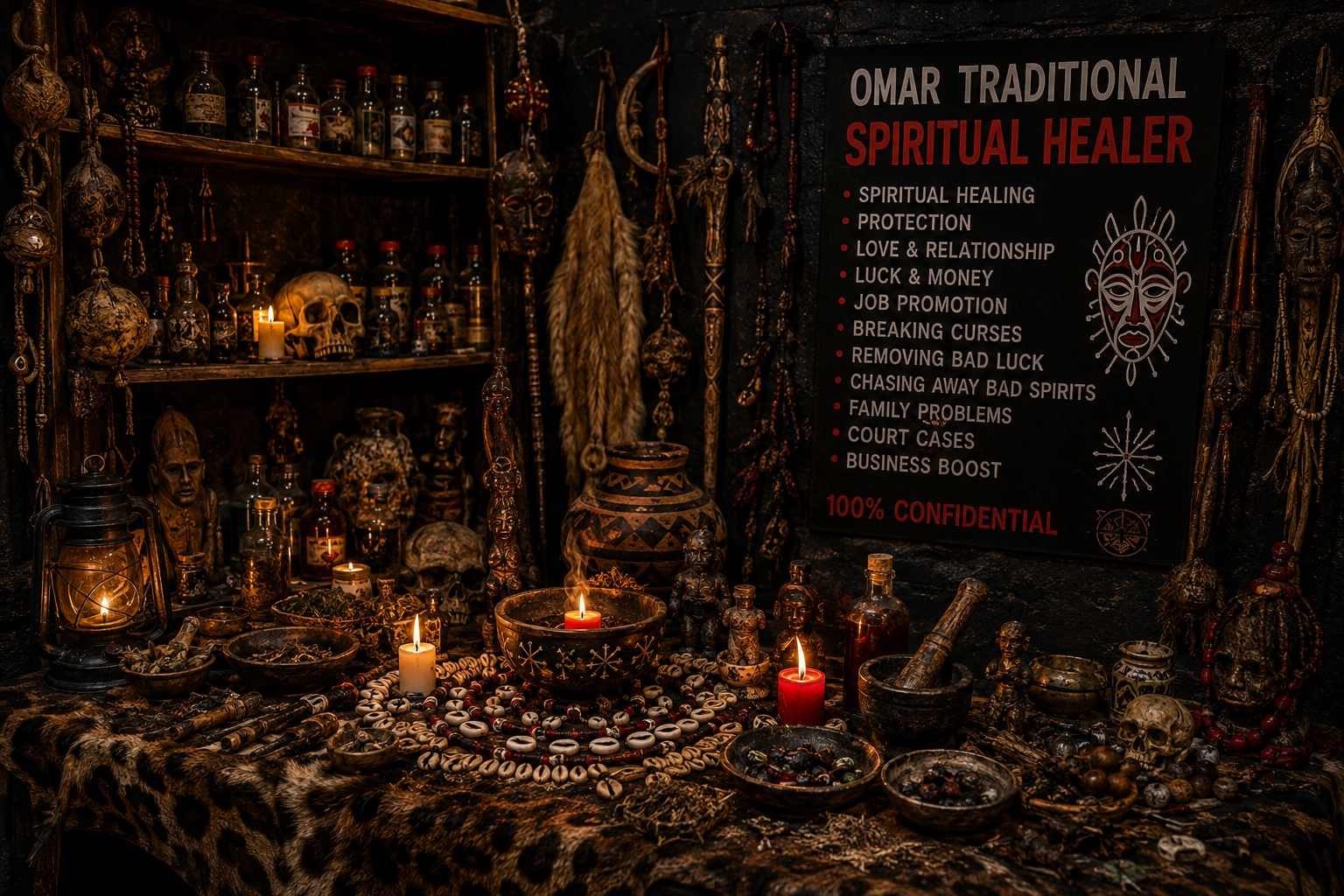 The inner room — Herbs, beads and traditional objects by candlelight.