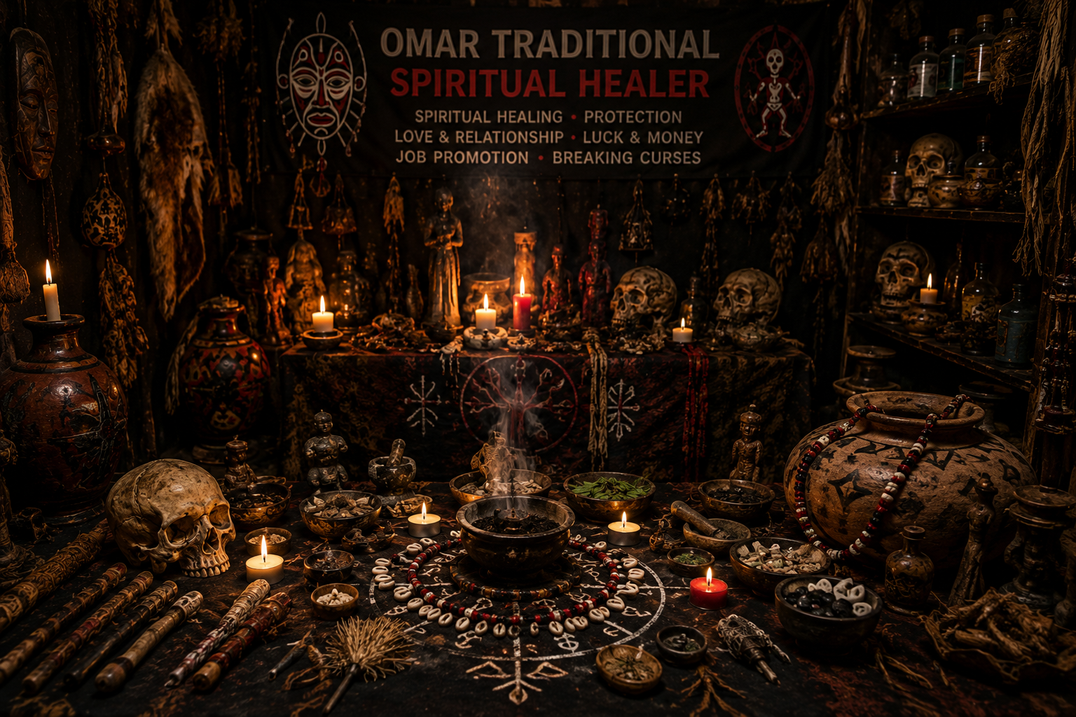 Traditional shrine interior with candlelight, herbs and cultural objects